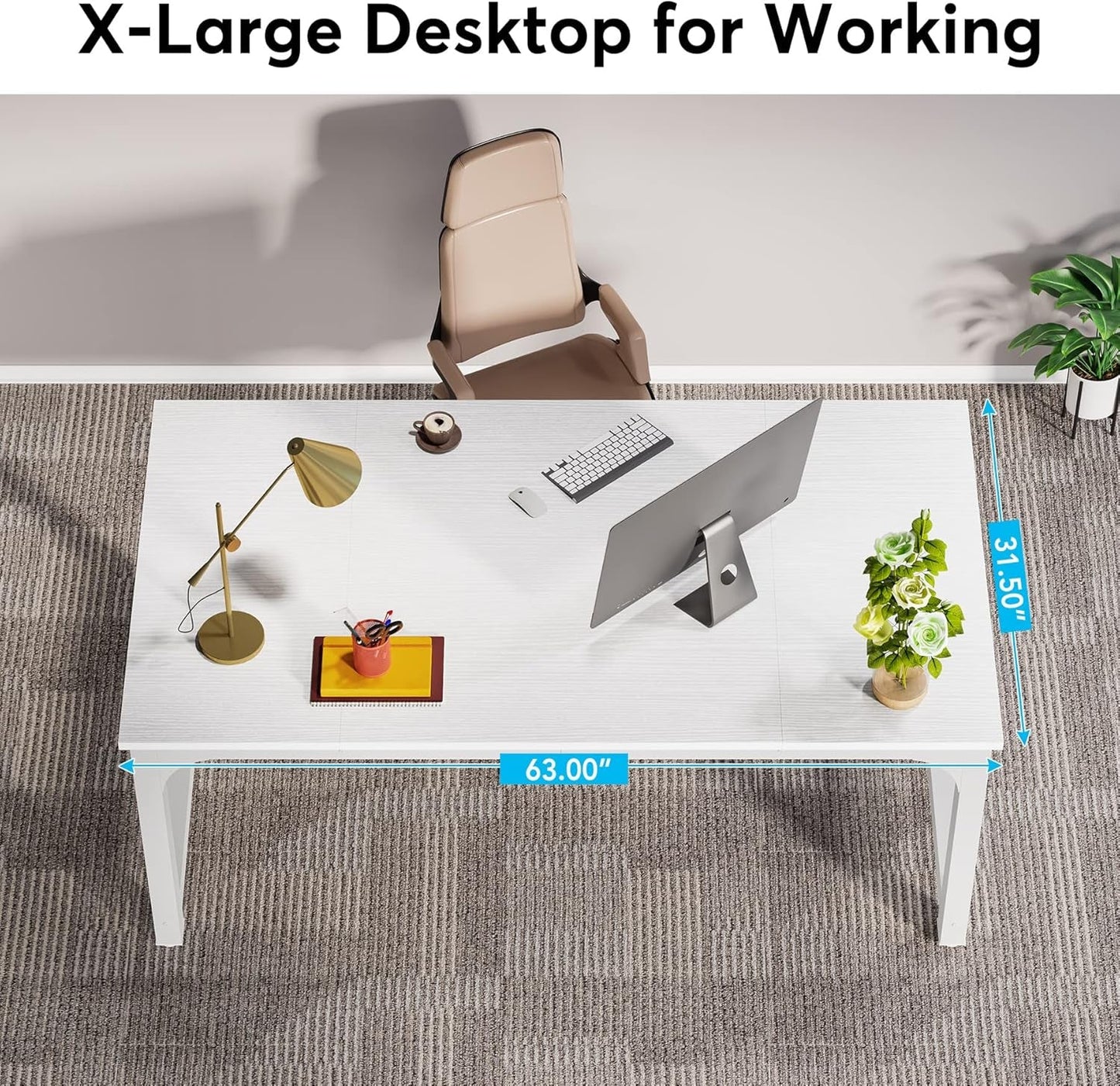 63 Inch Large Executive Computer Office Desk, White