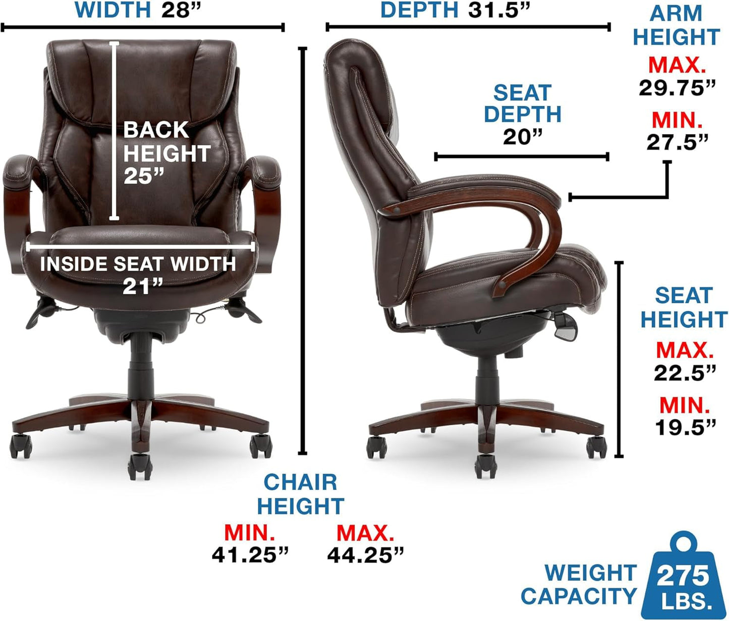 Lazyboy Bellamy Executive Office Chair with Memory Foam Cushions, Solid Wood