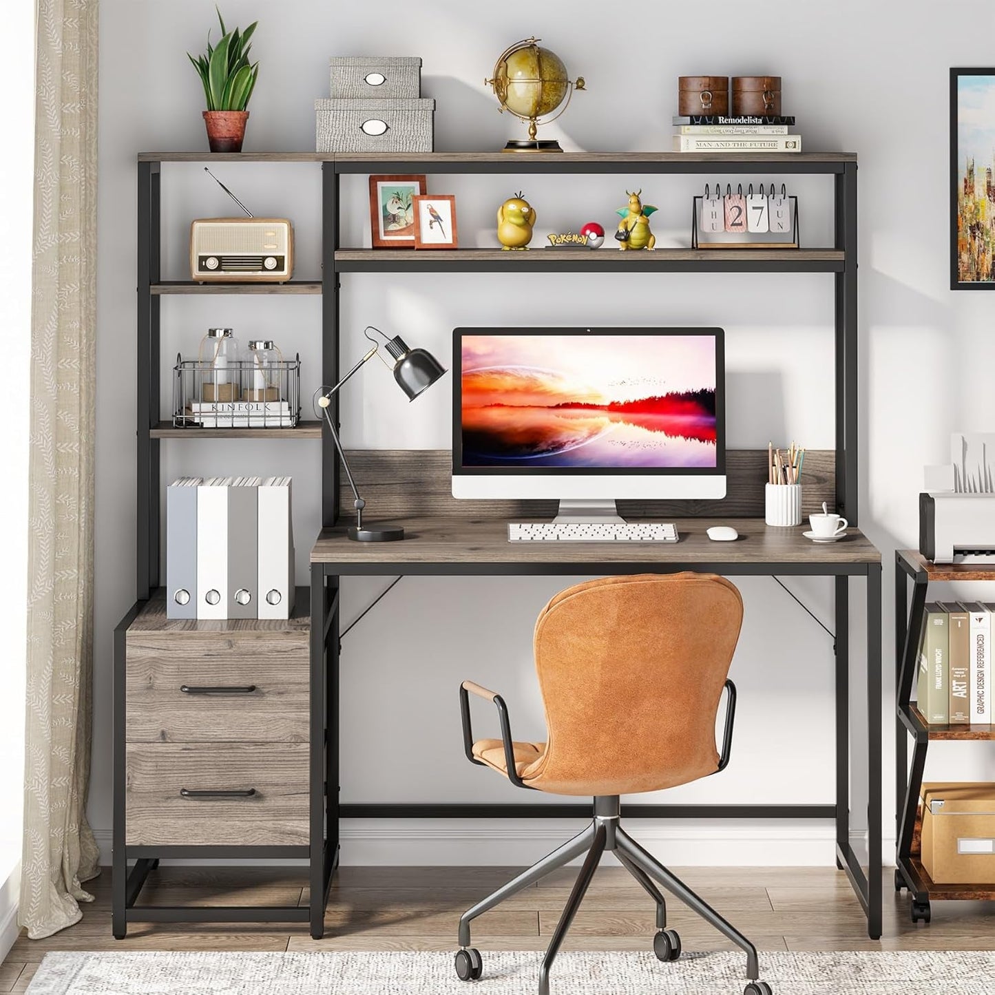 55 Inch Computer Desk with 2 Drawers and Storage Shelves, Rustic