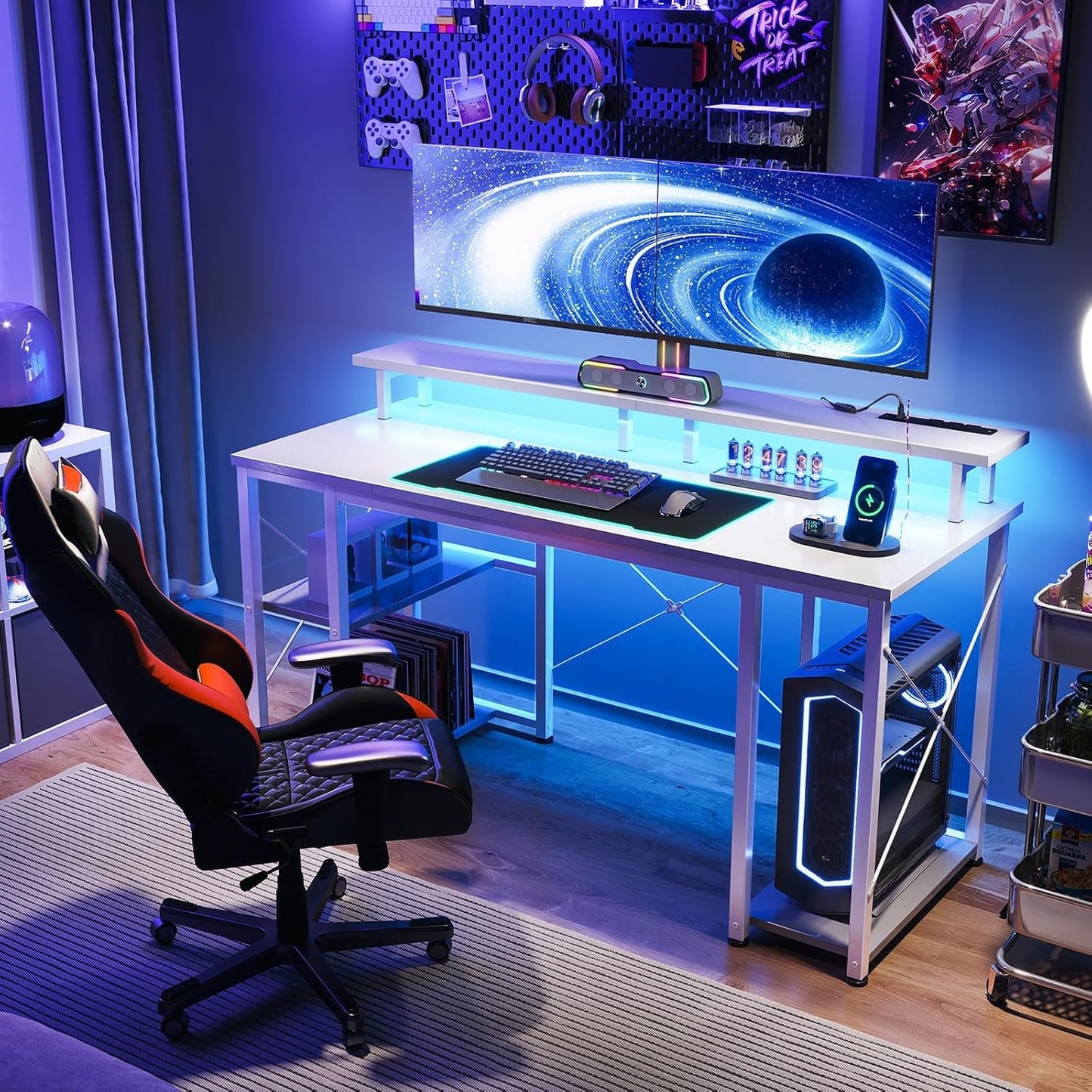 48 Inch Gaming Desk with LED Lights & Power Outlets, Computer Desk
