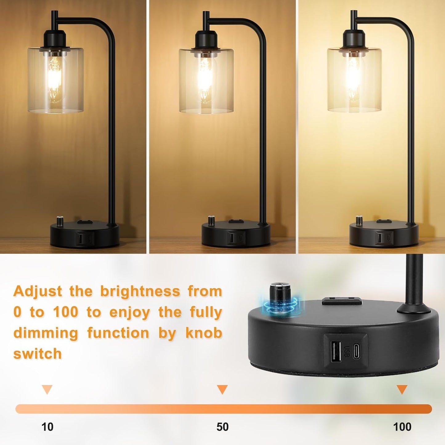 Industrial Nightstand Lamps for Bedrooms Set of 2 - Fully Dimmable