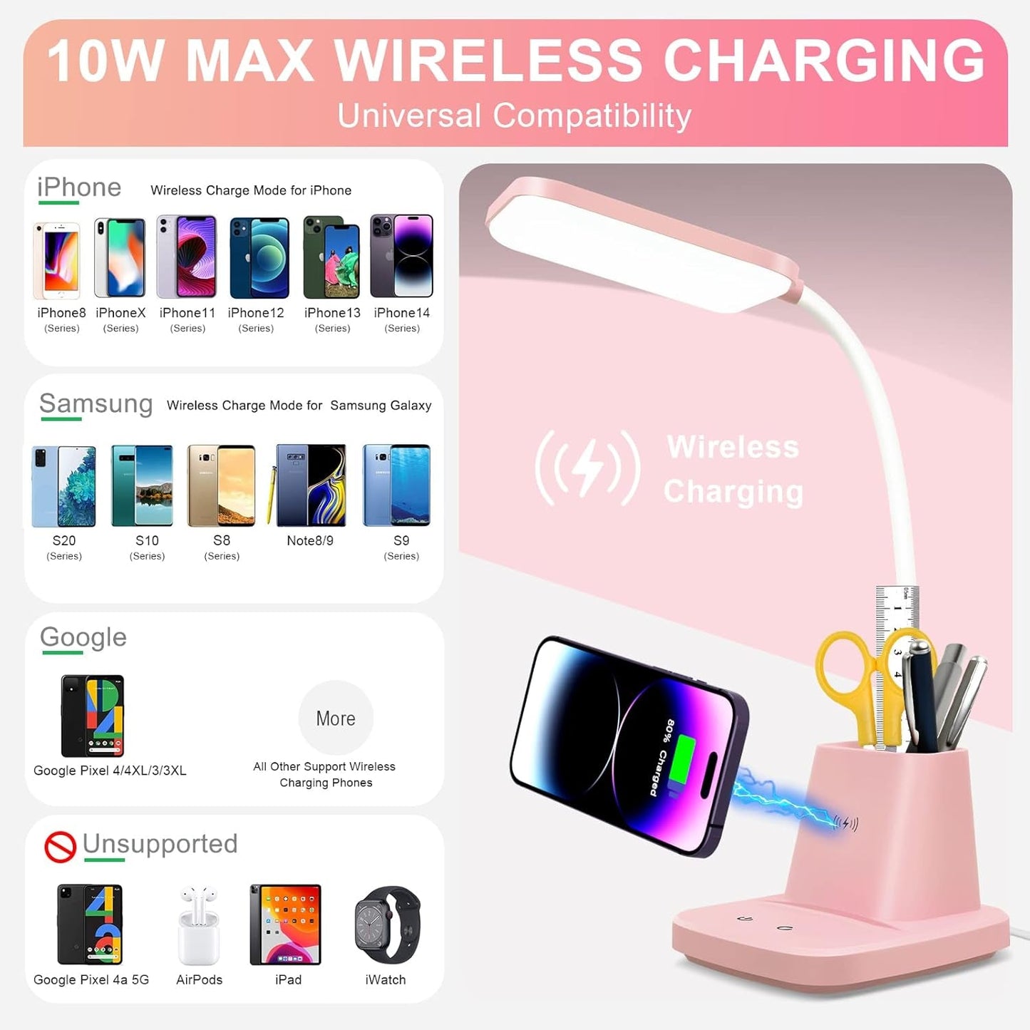 Cute Desk Lamp, Pink Small Desk Lamp with Pen Holder, Wireless Charger