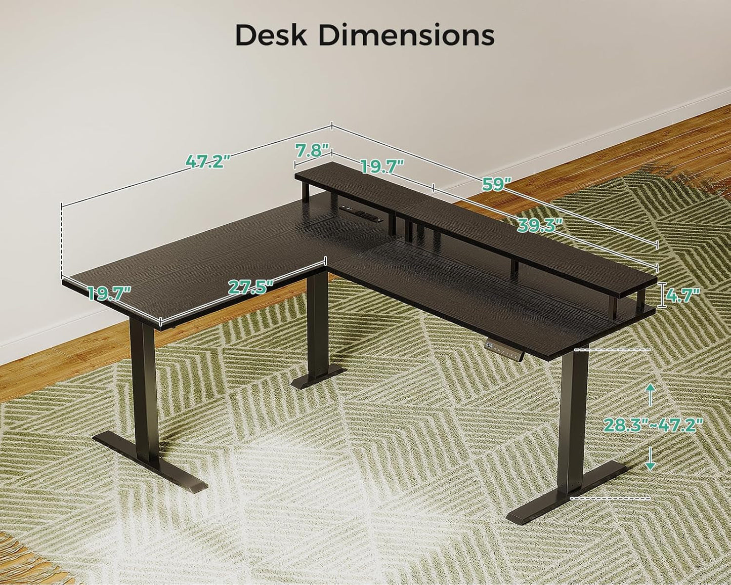 Electric L Shaped Standing Desk with Monitor Stand, 59 Inch Height
