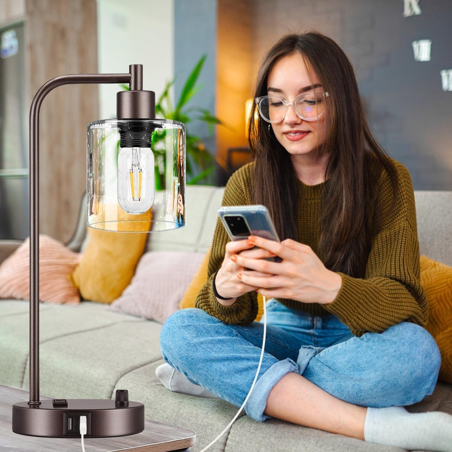 Set of 2 Oil Rubbed Bronze Table Lamps with 2 USB Port, Fully Stepless