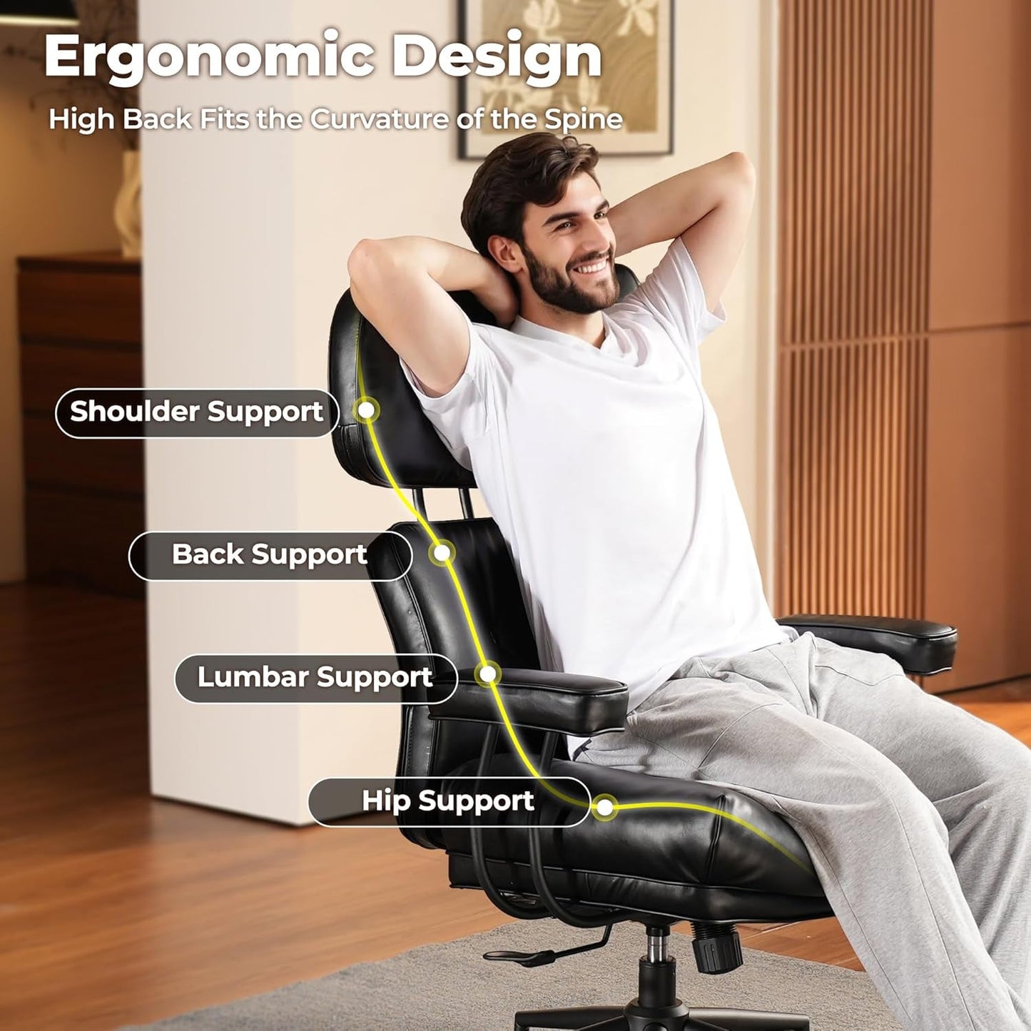 OVIOS Ergonomic Home Office Chair, Mid-Century Modern Leather Chair with