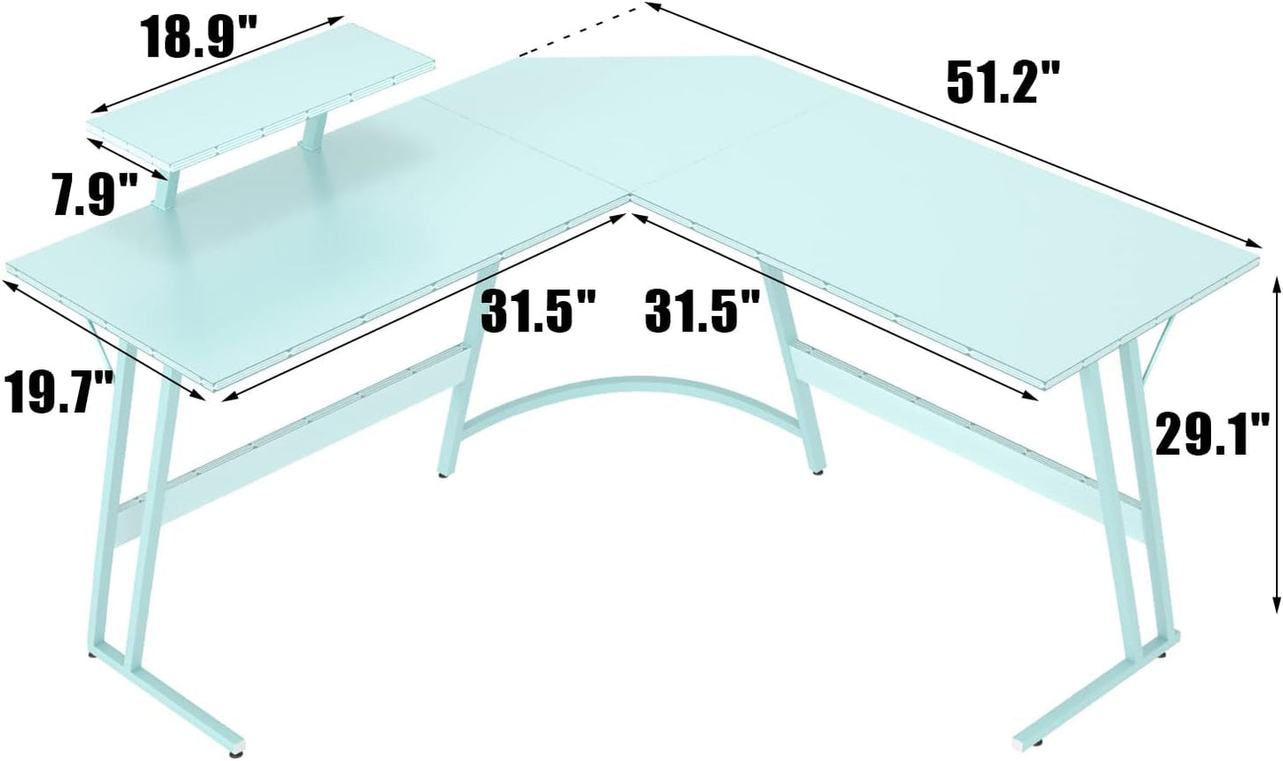 L shaped gaming desk dimensions: 51.2" x 31.5" with an elevated shelf for monitors, designed for corner space utilization.
