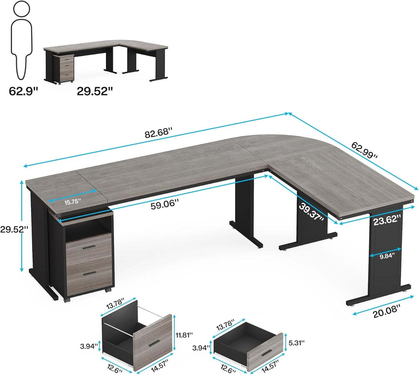 83 Inch L-Shaped Office Desk, Large Executive Computer Desk with