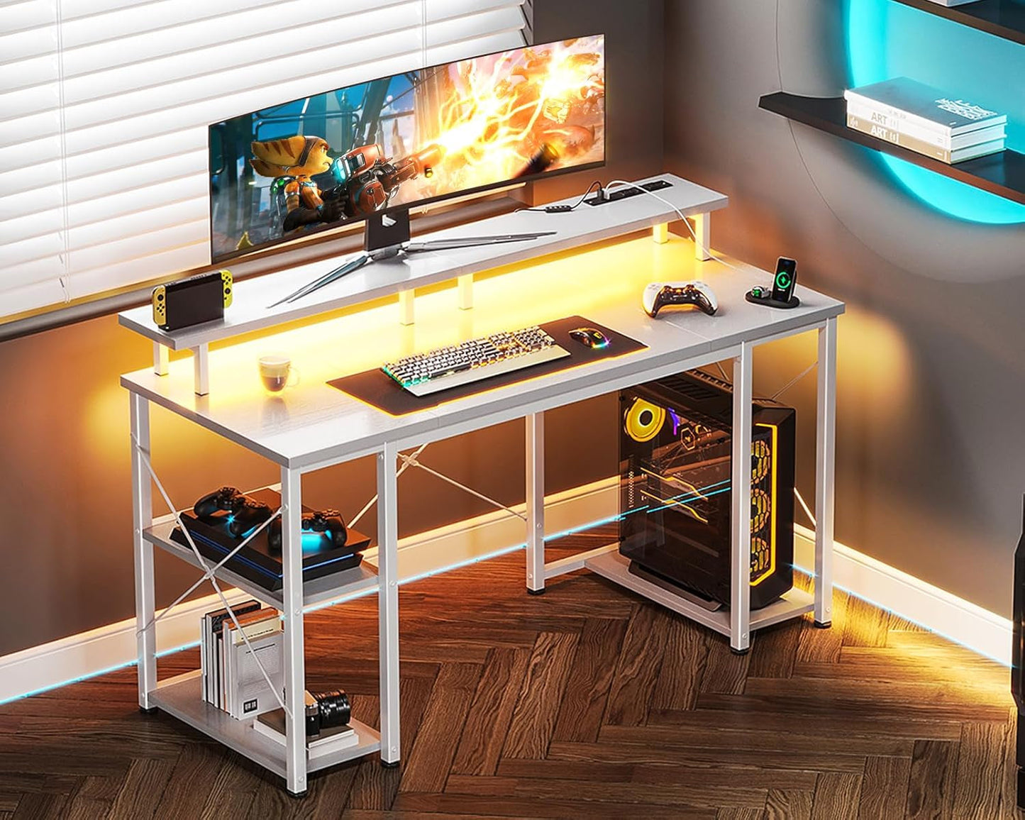 48 Inch Gaming Desk with LED Lights & Power Outlets, Computer Desk