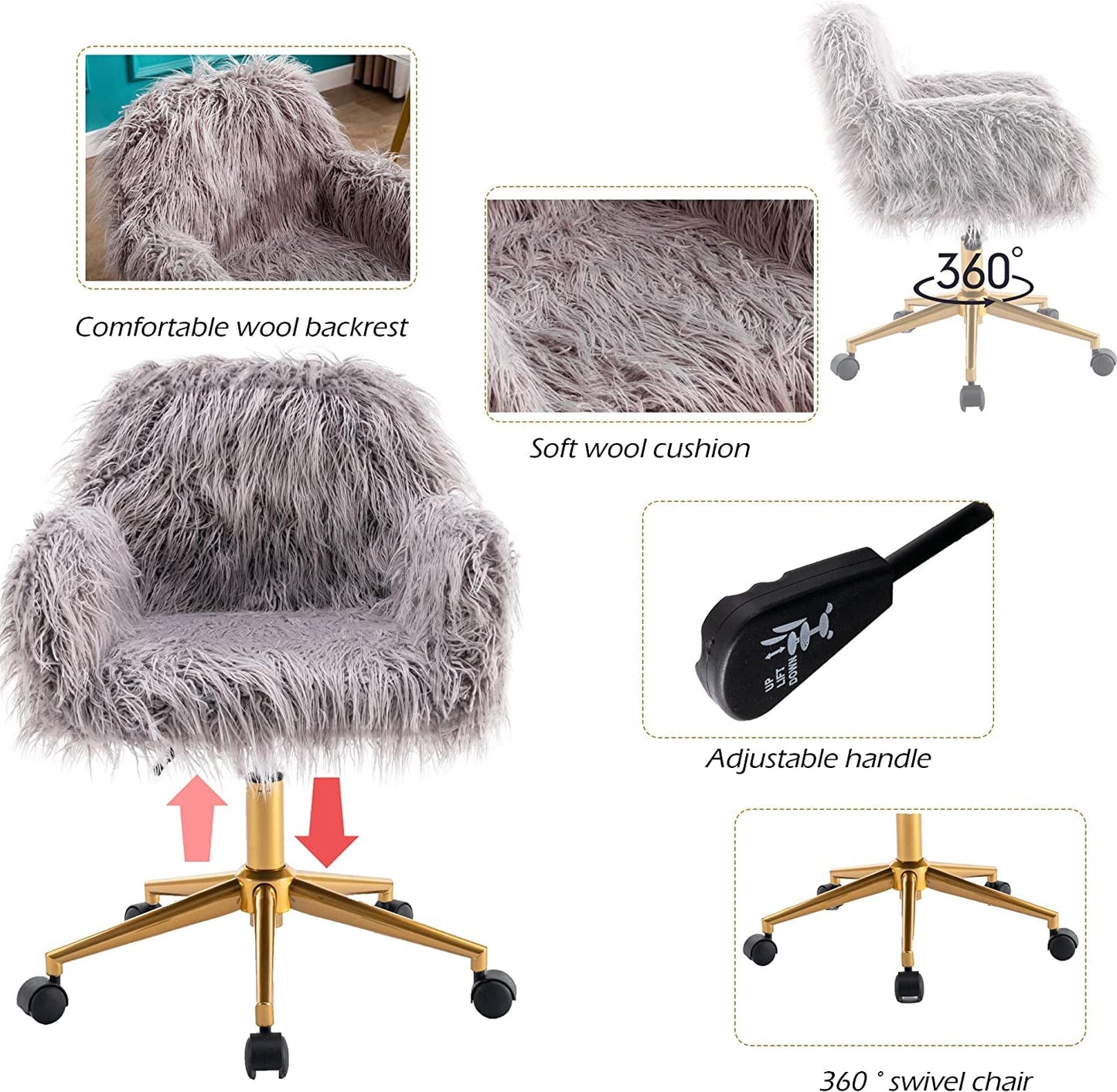 KCC Gray Faux Fur Swivel Chair for Home Office