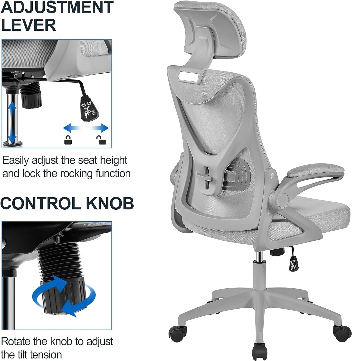 Ergonomic Mesh Office Chair, High Back Desk Chair with with Flip-Up