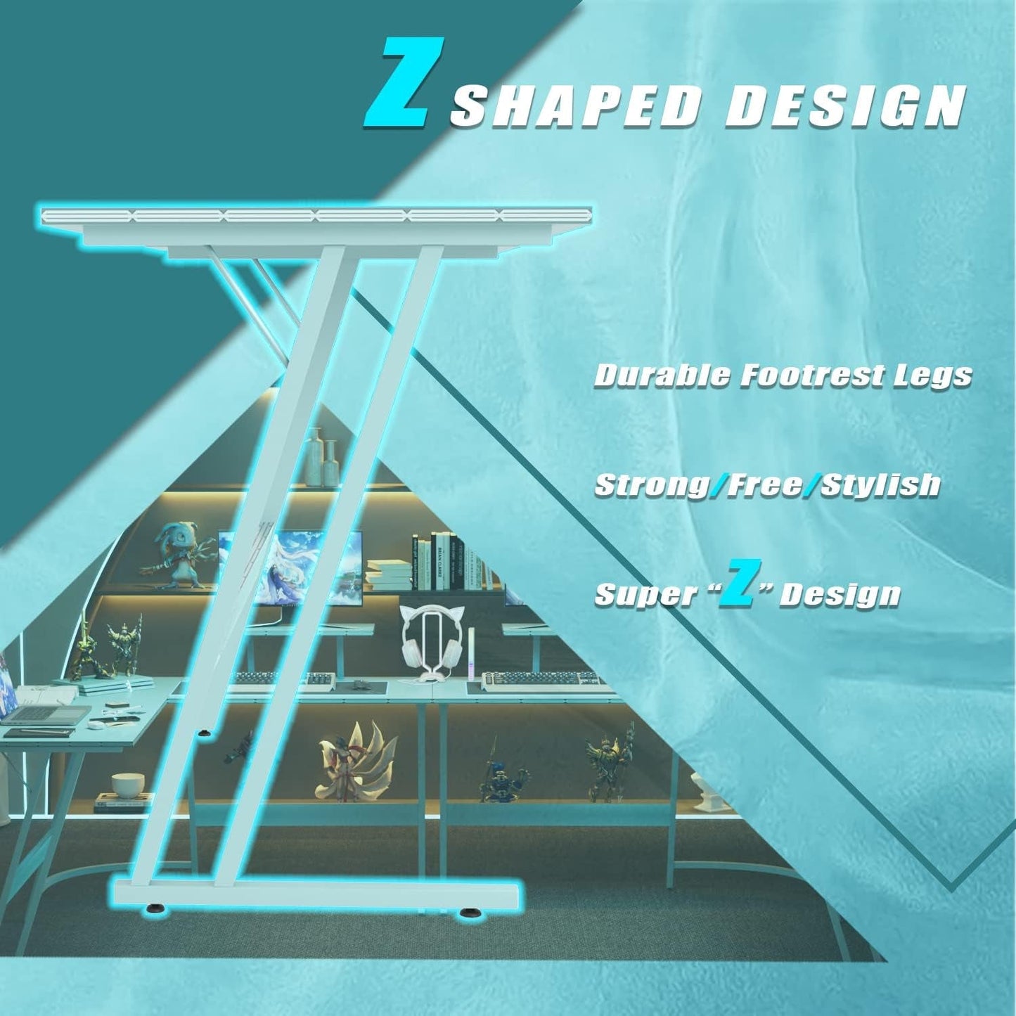 Z shaped gaming desk design featuring durable footrest legs and stylish construction for enhanced stability and aesthetic appeal.