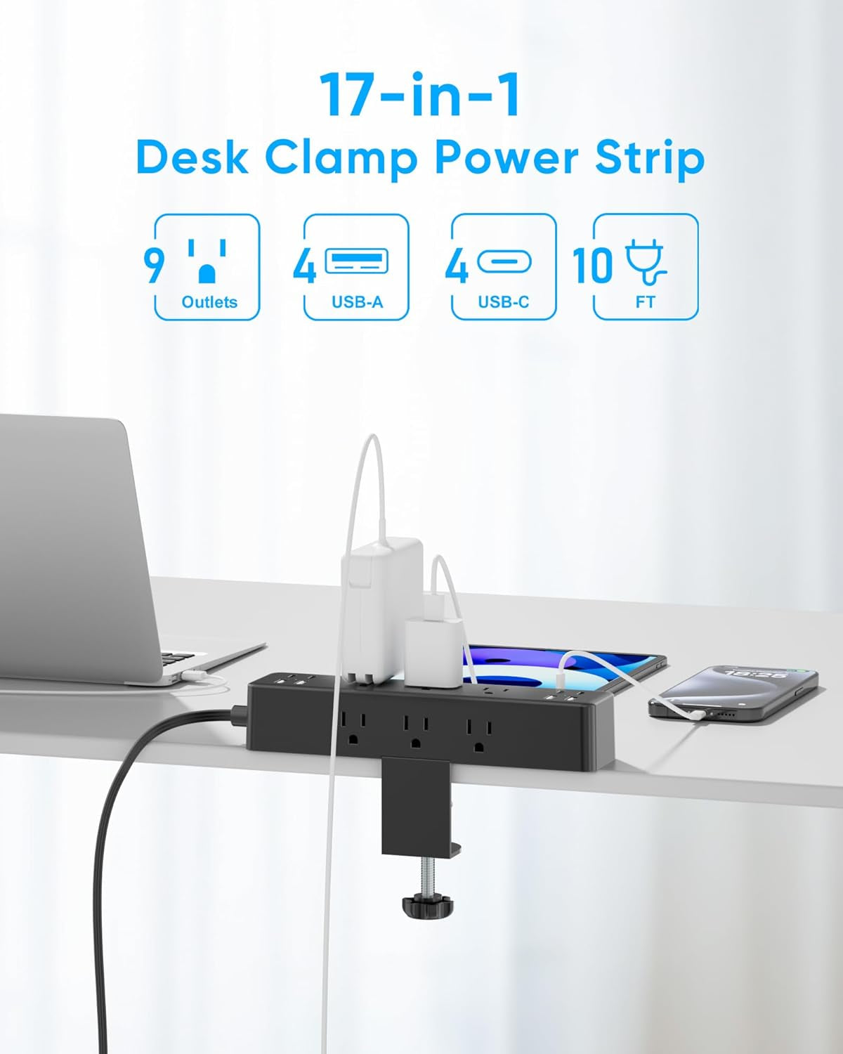 17-In-1 Desk Clamp Power Strip with 40W Fast Charging Station, 10Ft