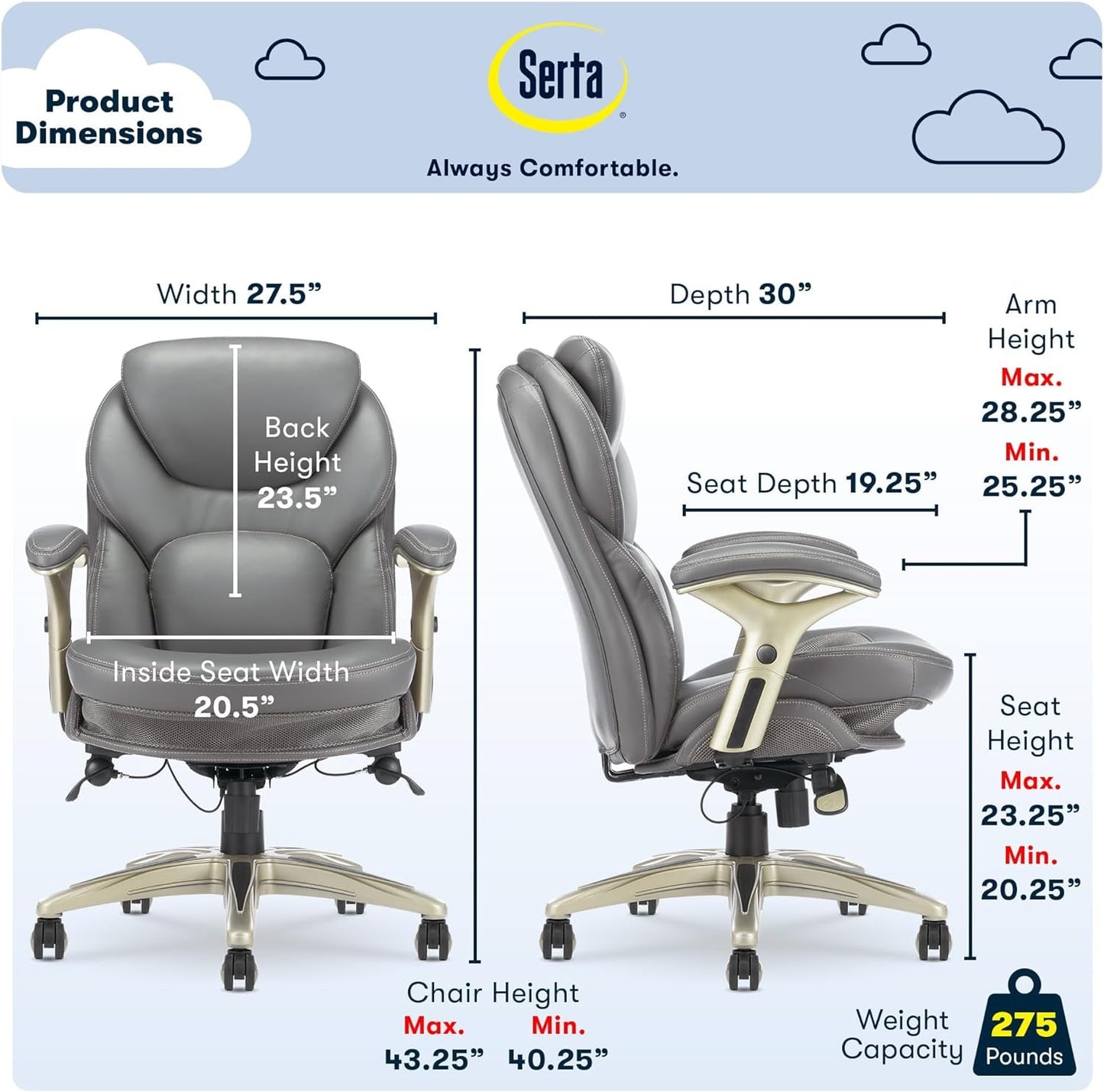 Serta Ergonomic Executive Office Chair Motion Technology Adjustable Mid Back
