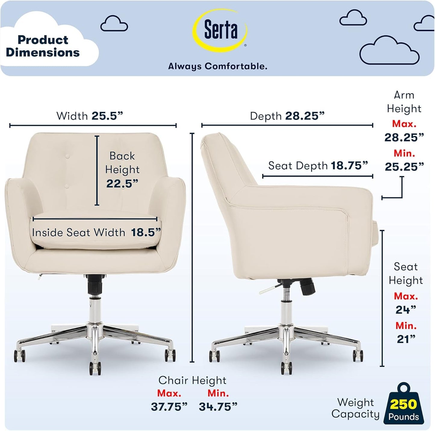 Serta Office Desk Chair with Button Tufted Back, Memory Foam