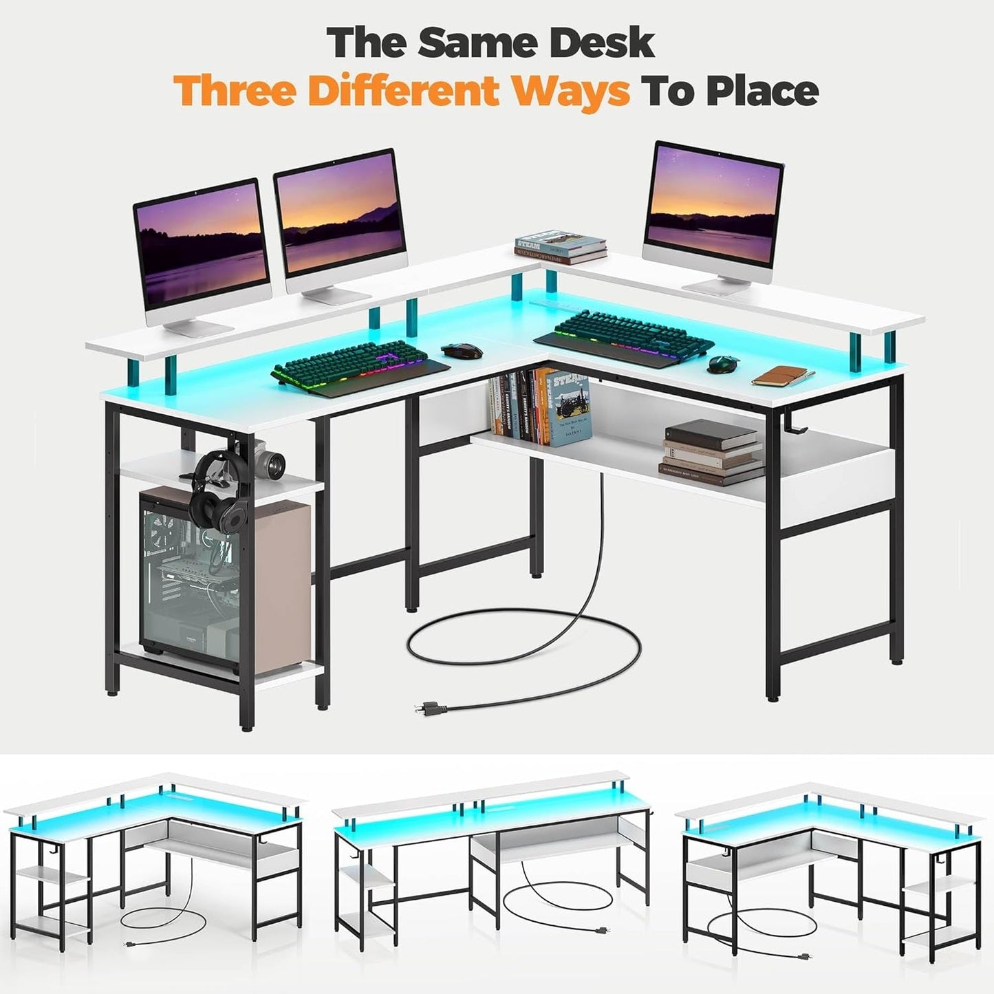 Computer Desk L Shaped 56.7" with LED Lights and Power Outlets,