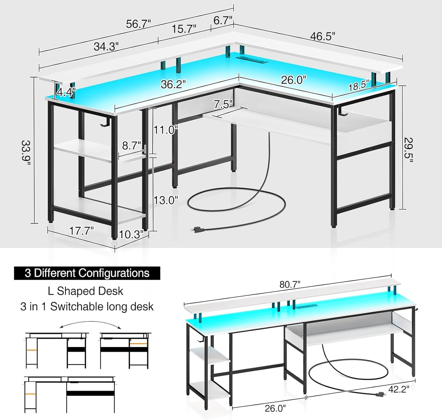 Computer Desk L Shaped 56.7" with LED Lights and Power Outlets,