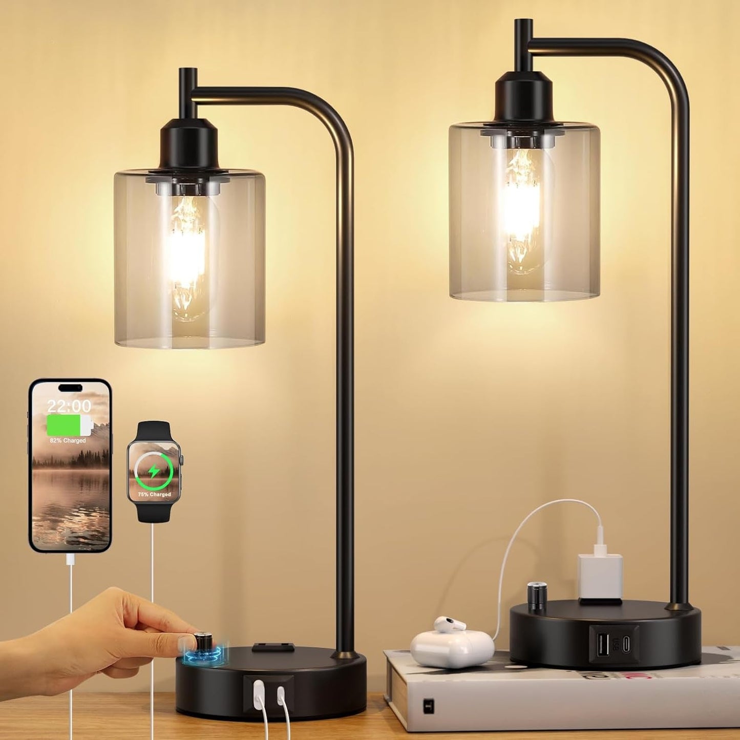 Industrial Desk Lamps for Office Set of 2 - Fully Dimmable Bedside
