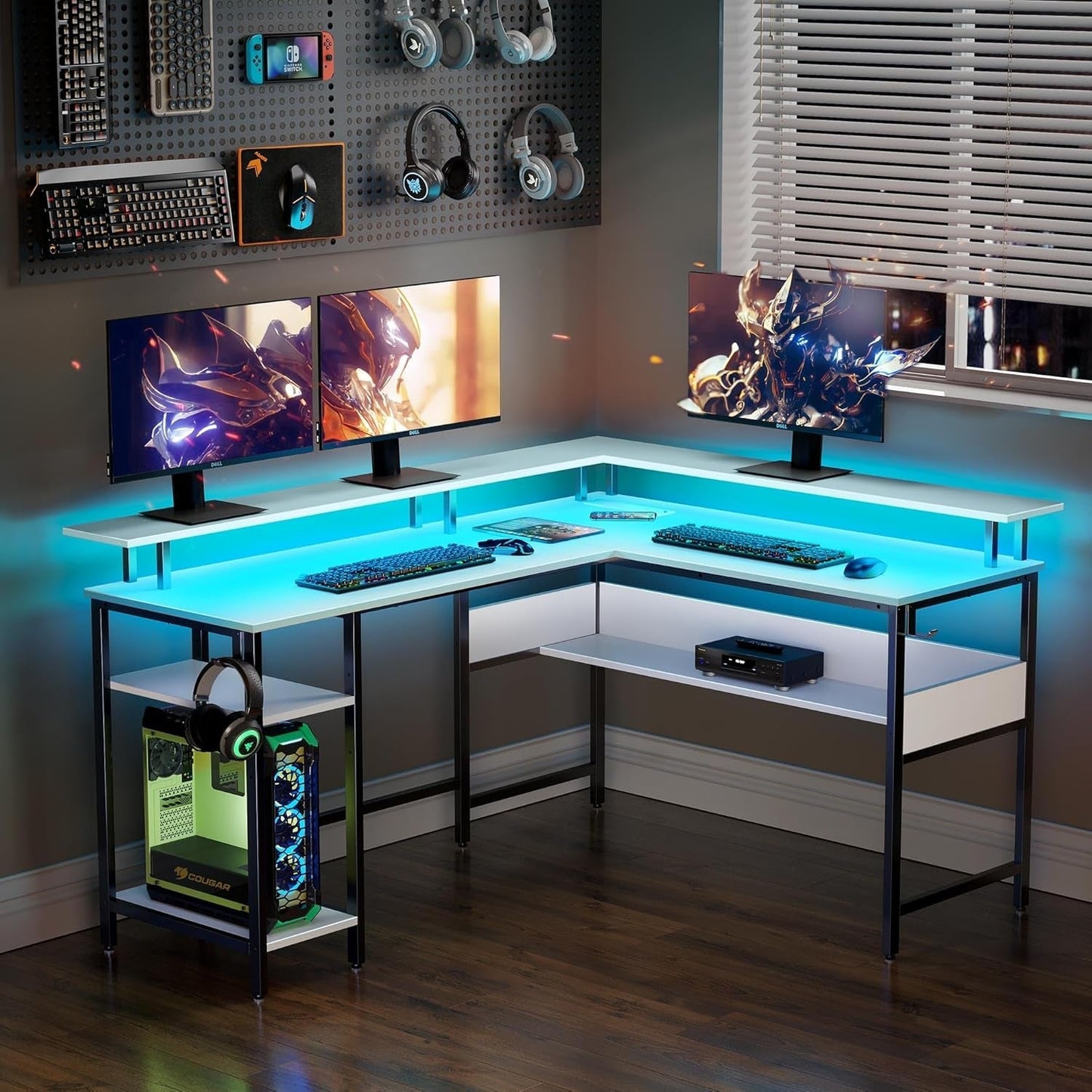 Computer Desk L Shaped 56.7" with LED Lights and Power Outlets,