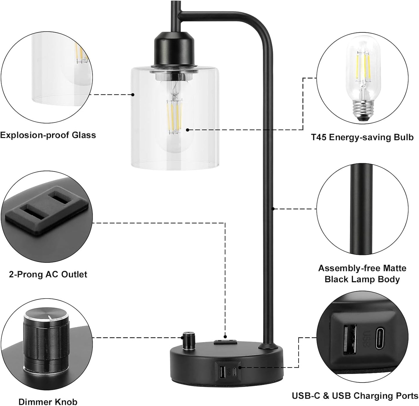 Industrial Nightstand Lamps for Bedrooms Set of 2 - Fully Dimmable