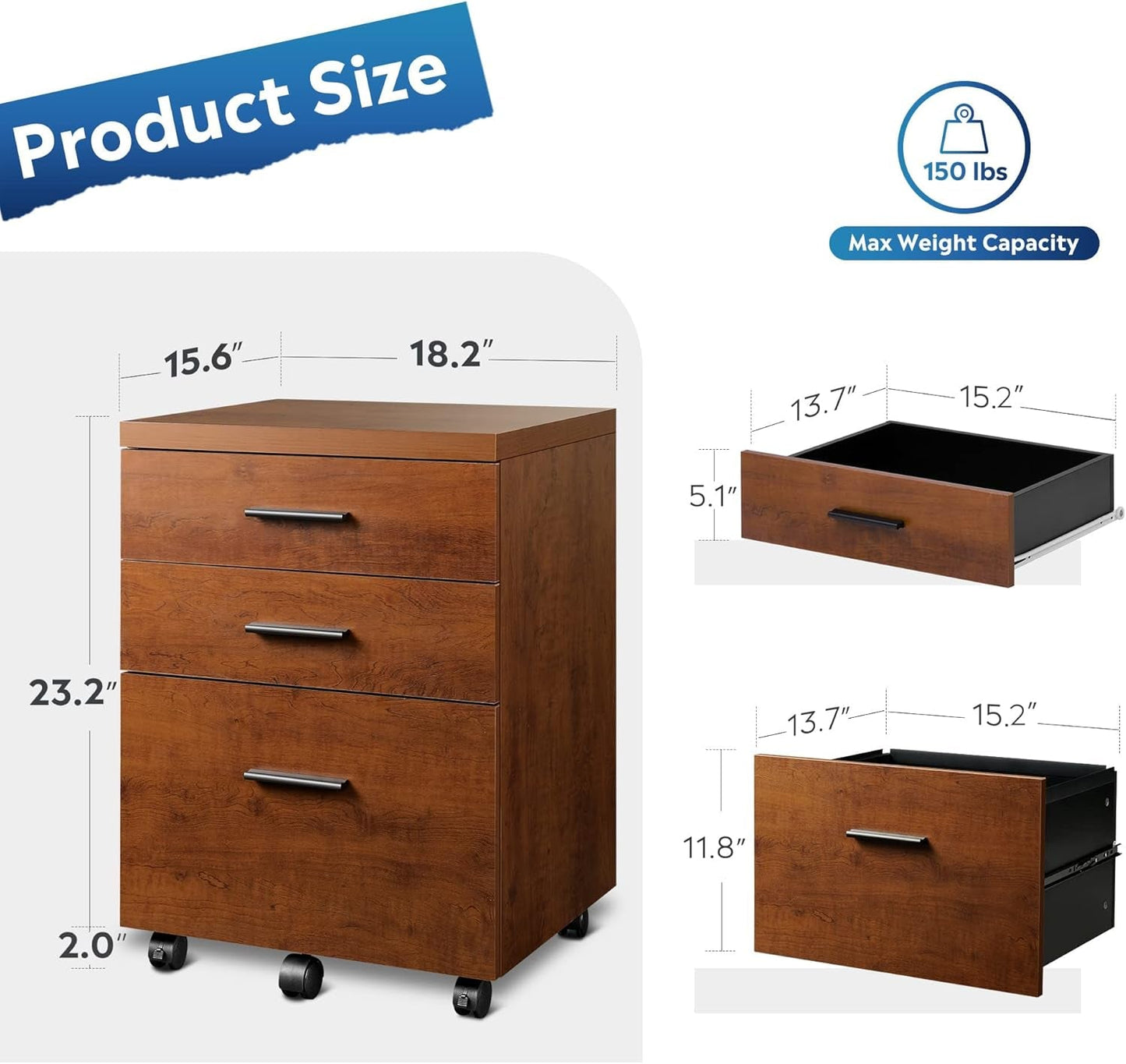 3 Drawer File Cabinet for Home Office, Wood under Desk Filing Cabinet,