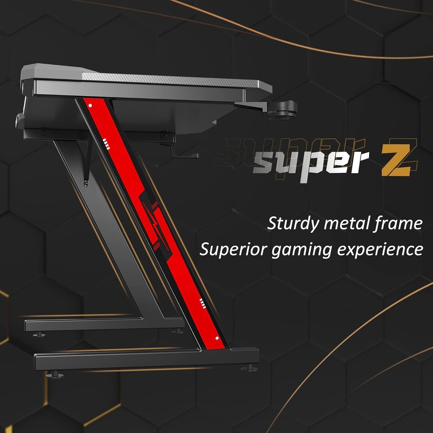Gaming Computer Desk with Carbon Fiber Surface, Gaming Table Z Shaped
