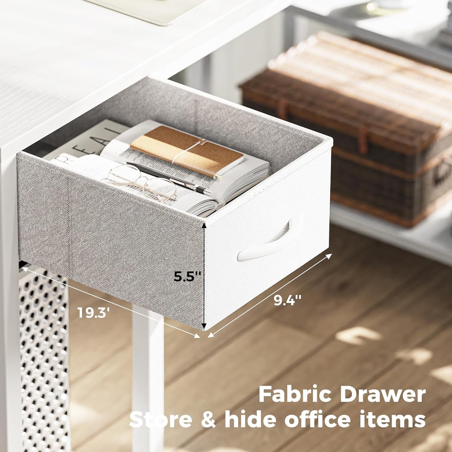 47" White L Desk LED Power Drawer