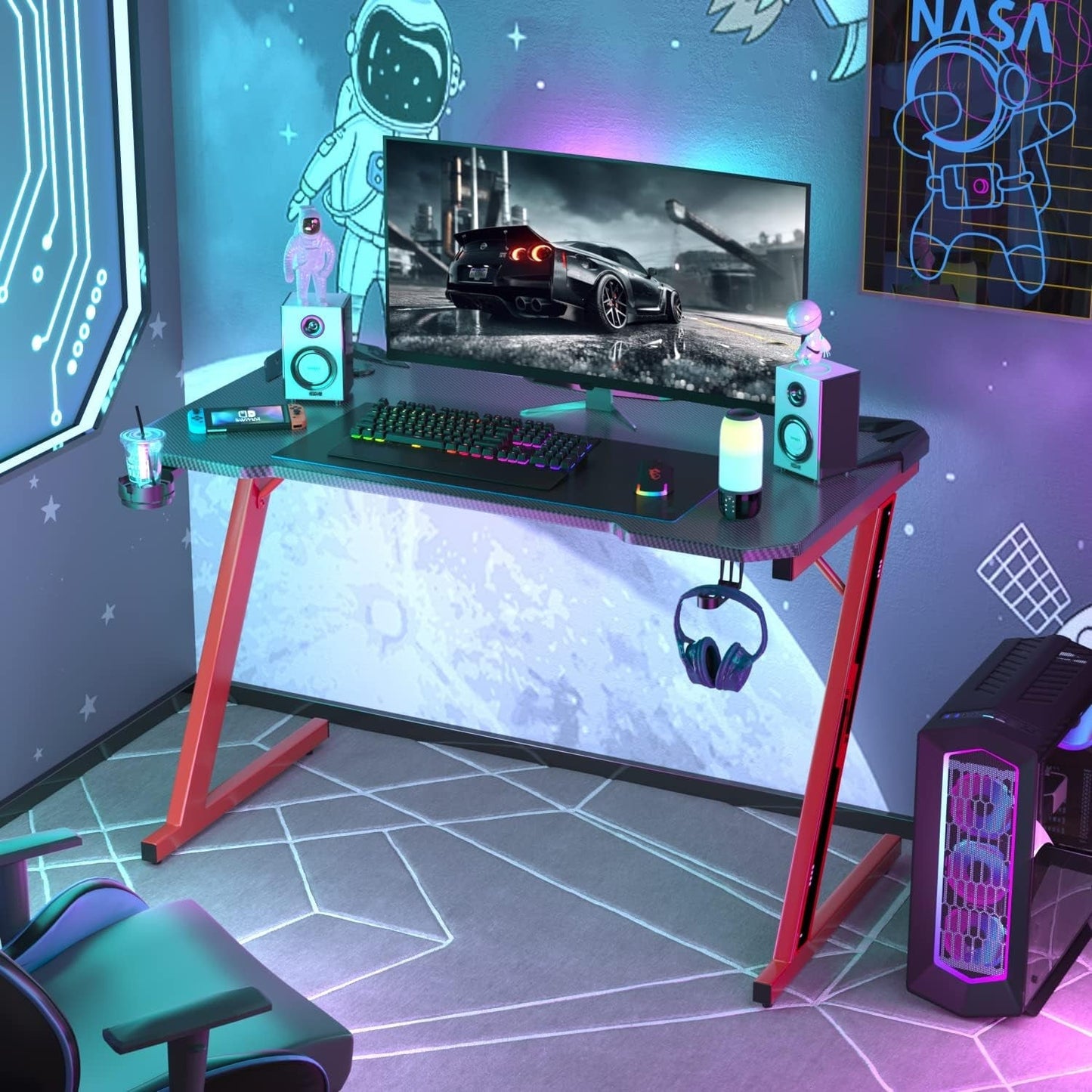 Gaming Computer Desk with Carbon Fiber Surface, Gaming Table Z Shaped