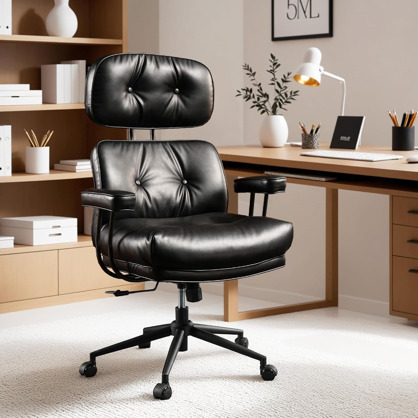 OVIOS Ergonomic Home Office Chair, Mid-Century Modern Leather Chair with