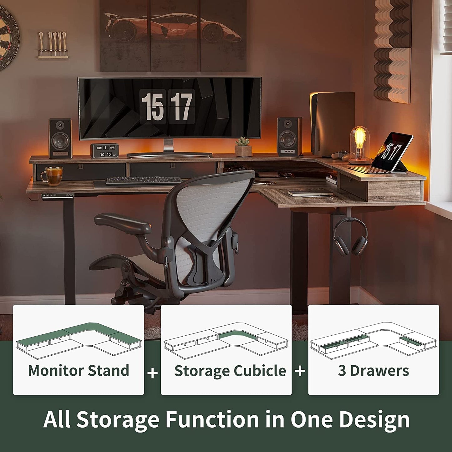 Triple Motor 63″ L Shaped Standing Desk with 3 Drawers, Electric,