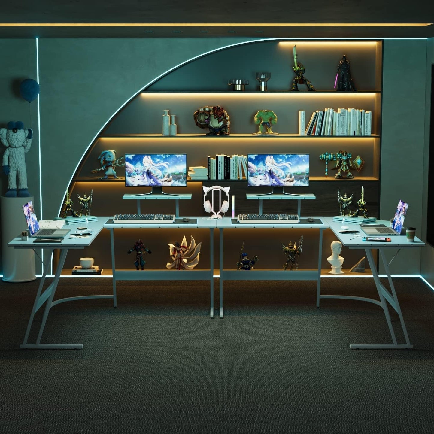 Stylish L Shaped Gaming Desk in a modern game room featuring dual monitors and decorative shelves.