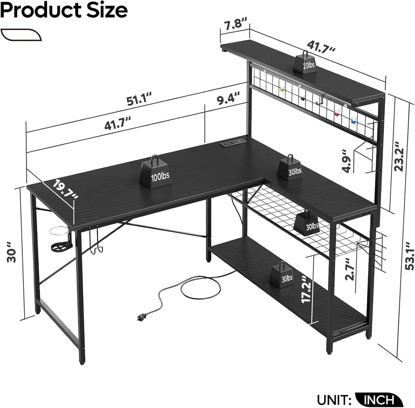 51" L-Shaped Gaming Desk with LED & Power