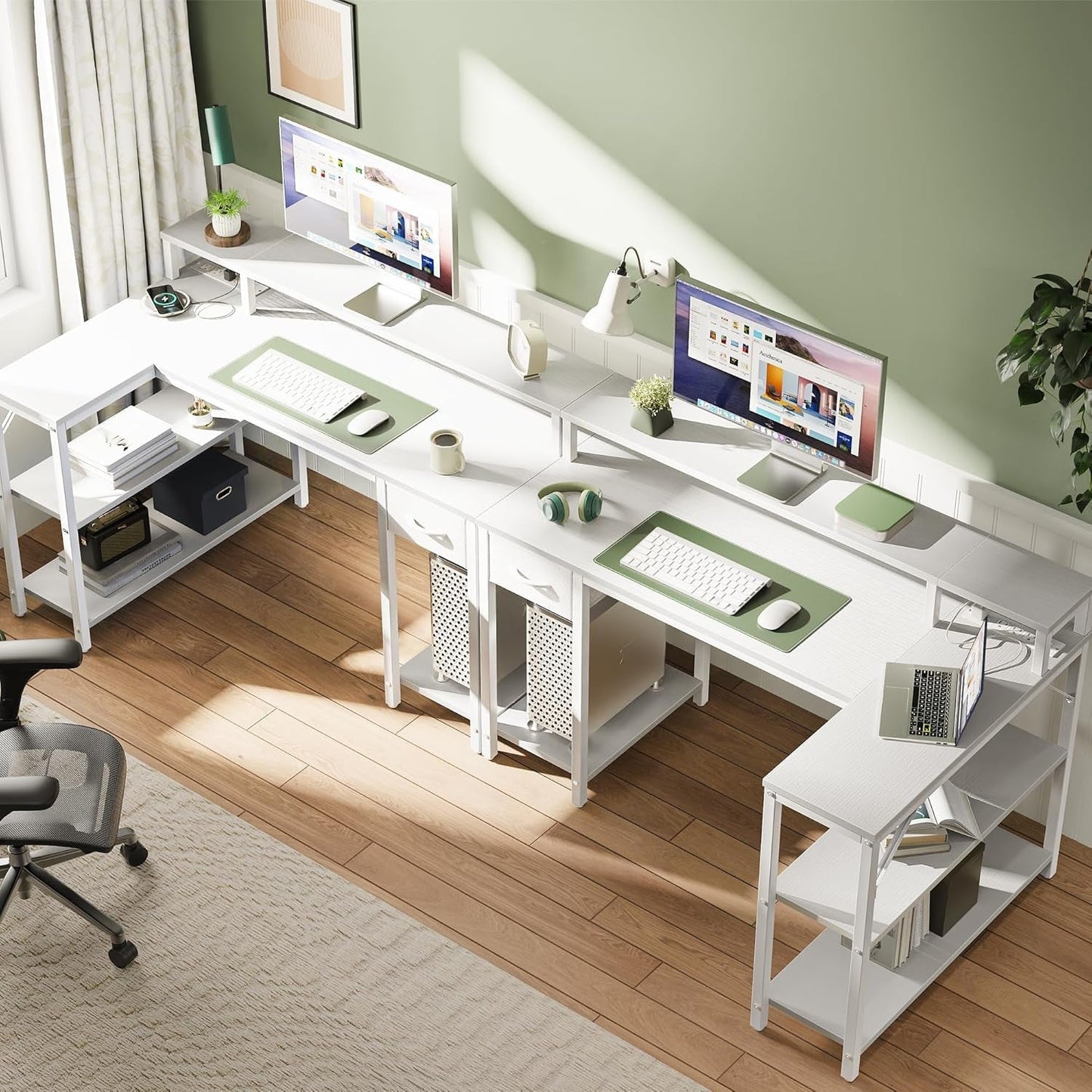 47" White L Desk LED Power Drawer