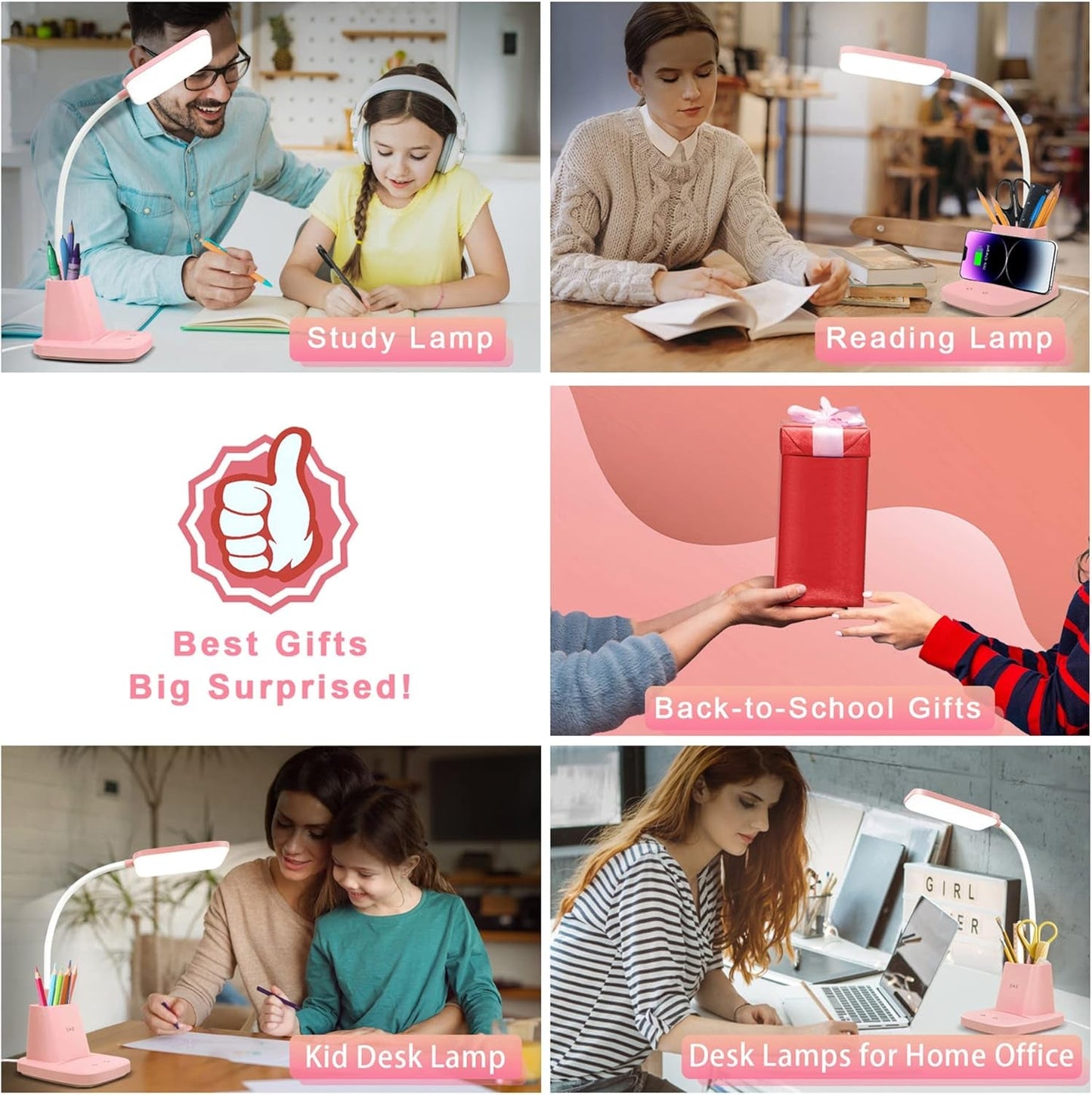 Cute Desk Lamp, Pink Small Desk Lamp with Pen Holder, Wireless Charger