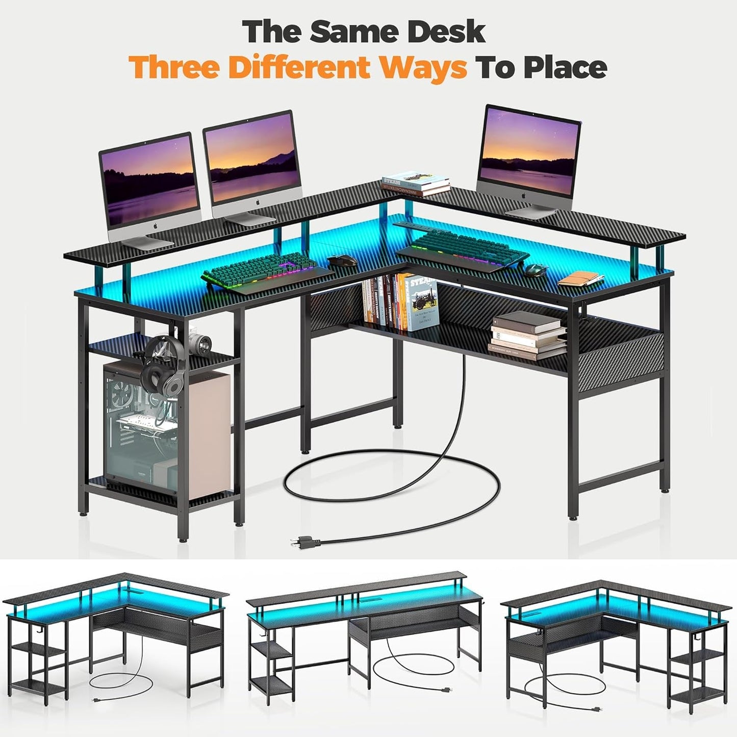 Computer Desk 56.7" with LED Lights and Power Outlets, Carbon Fiber