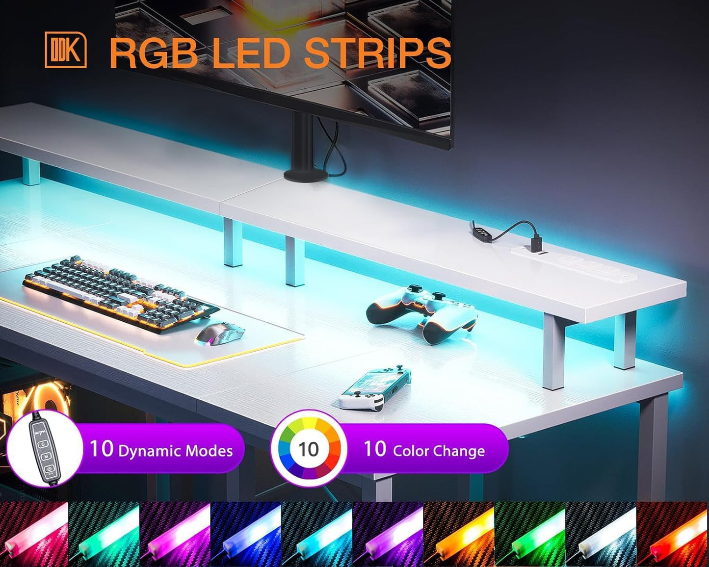 48 Inch Gaming Desk with LED Lights & Power Outlets, Computer Desk