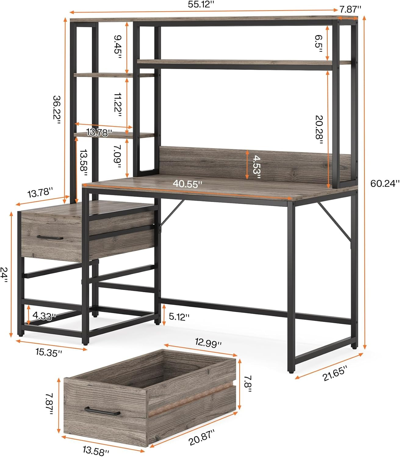 55 Inch Computer Desk with 2 Drawers and Storage Shelves, Rustic