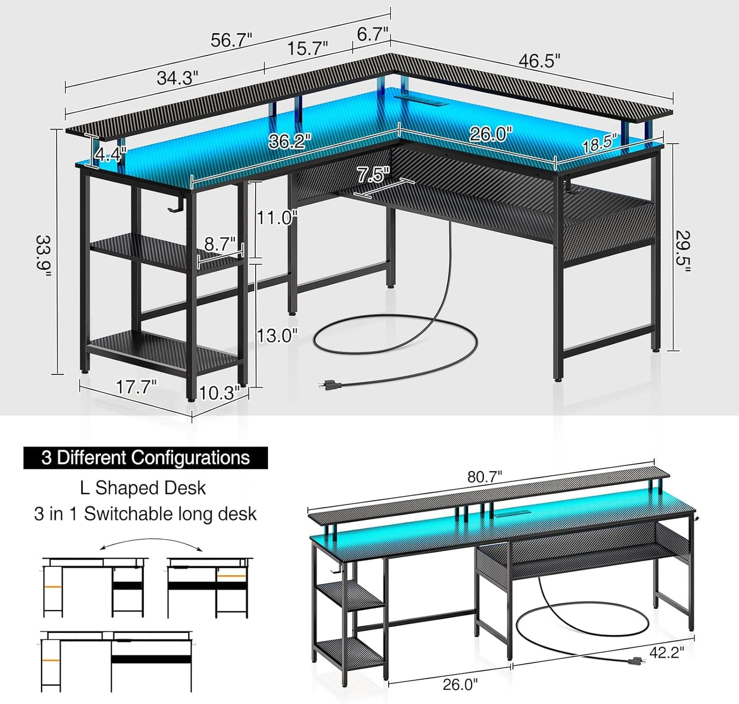 Computer Desk 56.7" with LED Lights and Power Outlets, Carbon Fiber