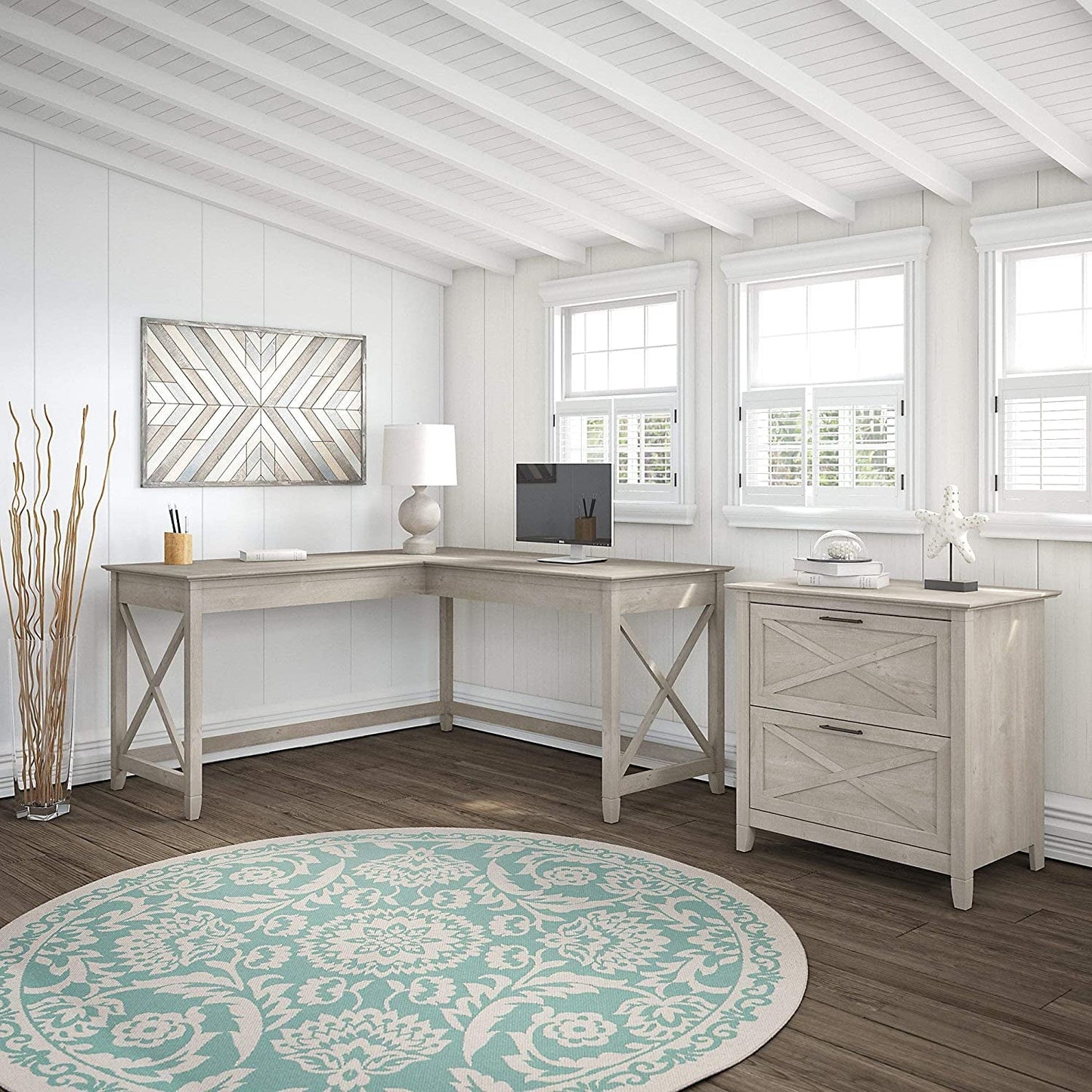 Bush Key West Washed Gray L-Shaped Desk W/ File Cabinet