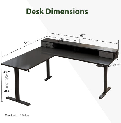 L Shaped Electric Standing Desk with 2 Drawers, 63 Inch Ergonomic