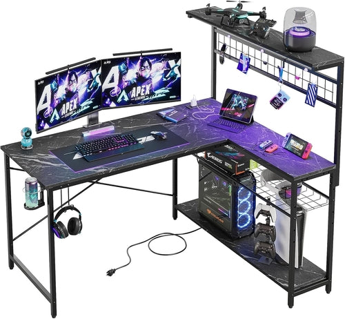 Gaming Desk 51" L-Shaped, with Power Outlets & LED Lights- 4 Tier