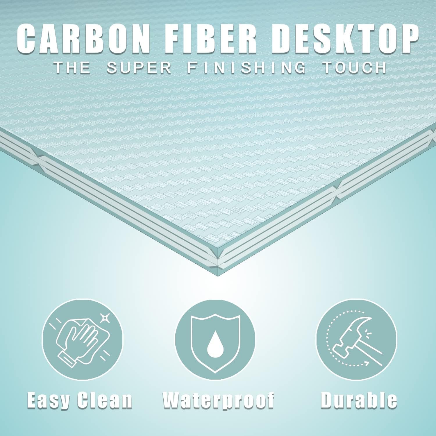 Carbon fiber desktop showcasing easy clean, waterproof, and durable features for gaming and office use.