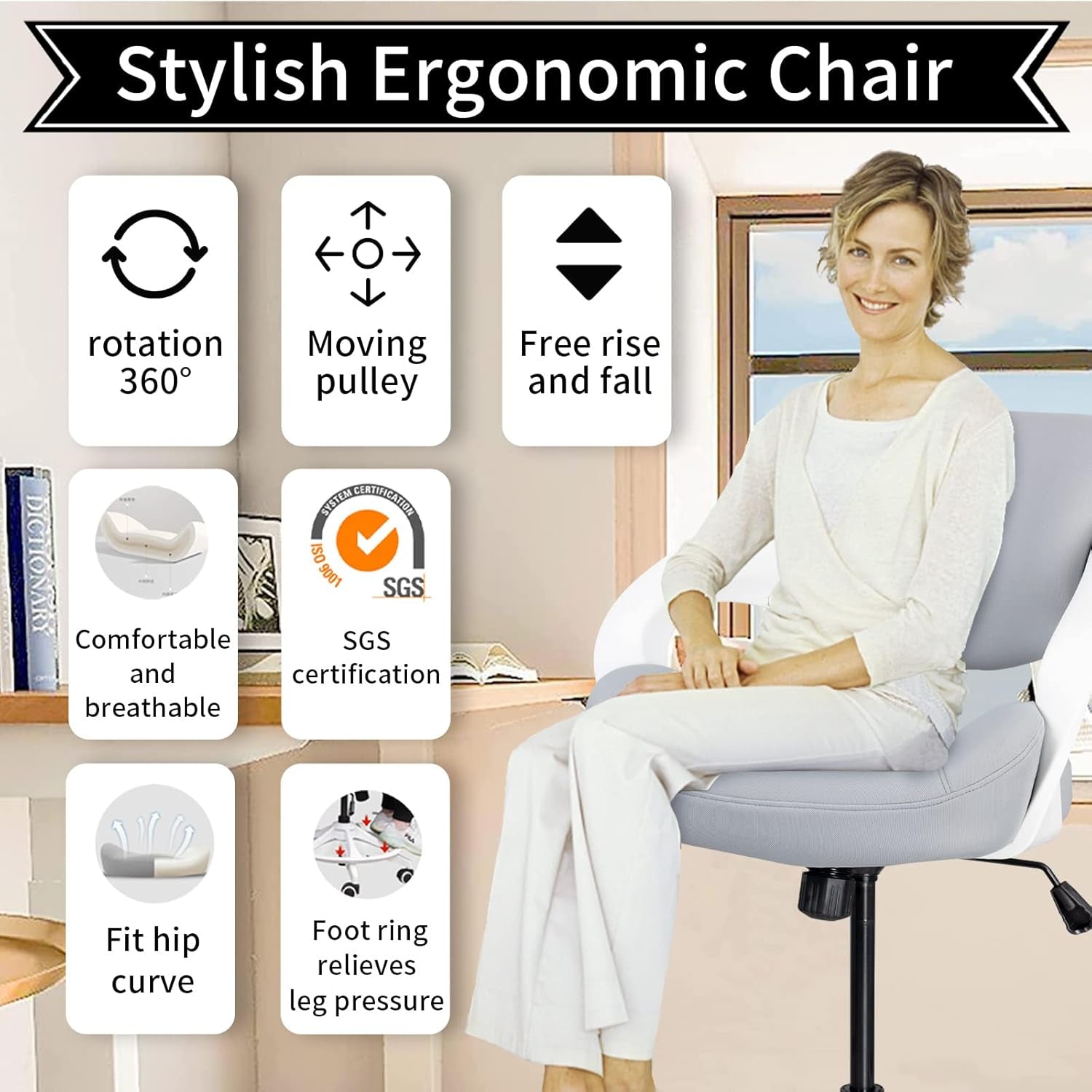 Stylish ergonomic drafting chair with features like 360 rotation, breathable design, and foot ring for comfort.