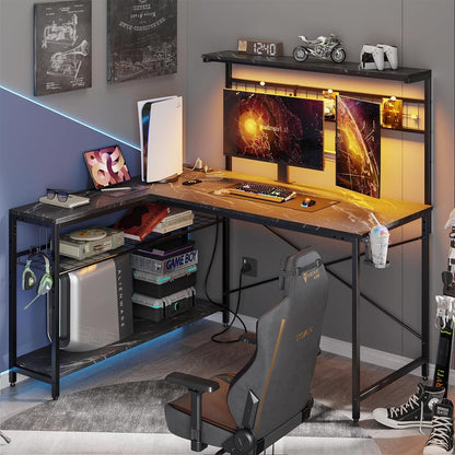 Gaming Desk 51" L-Shaped, with Power Outlets & LED Lights- 4 Tier