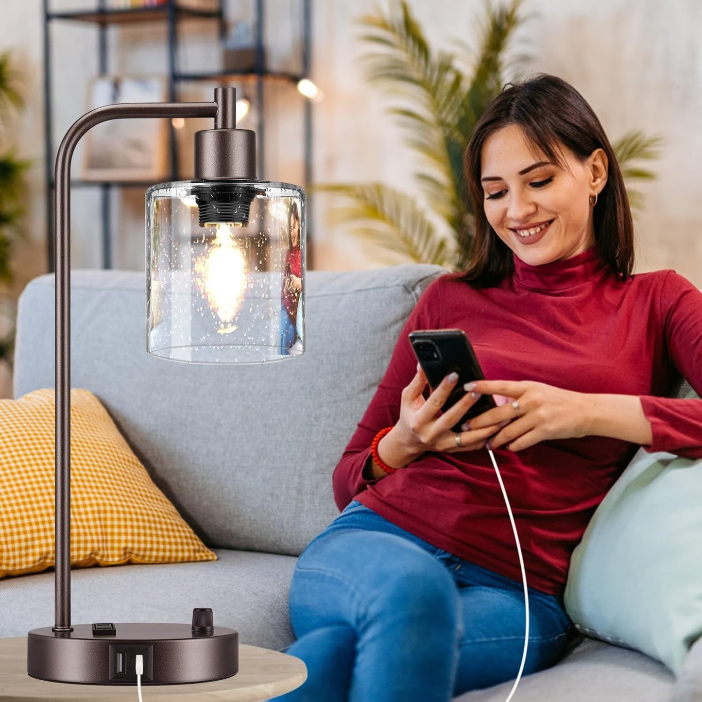 Set of 2 Oil Rubbed Bronze Table Lamps with 2 USB Port, Fully Stepless