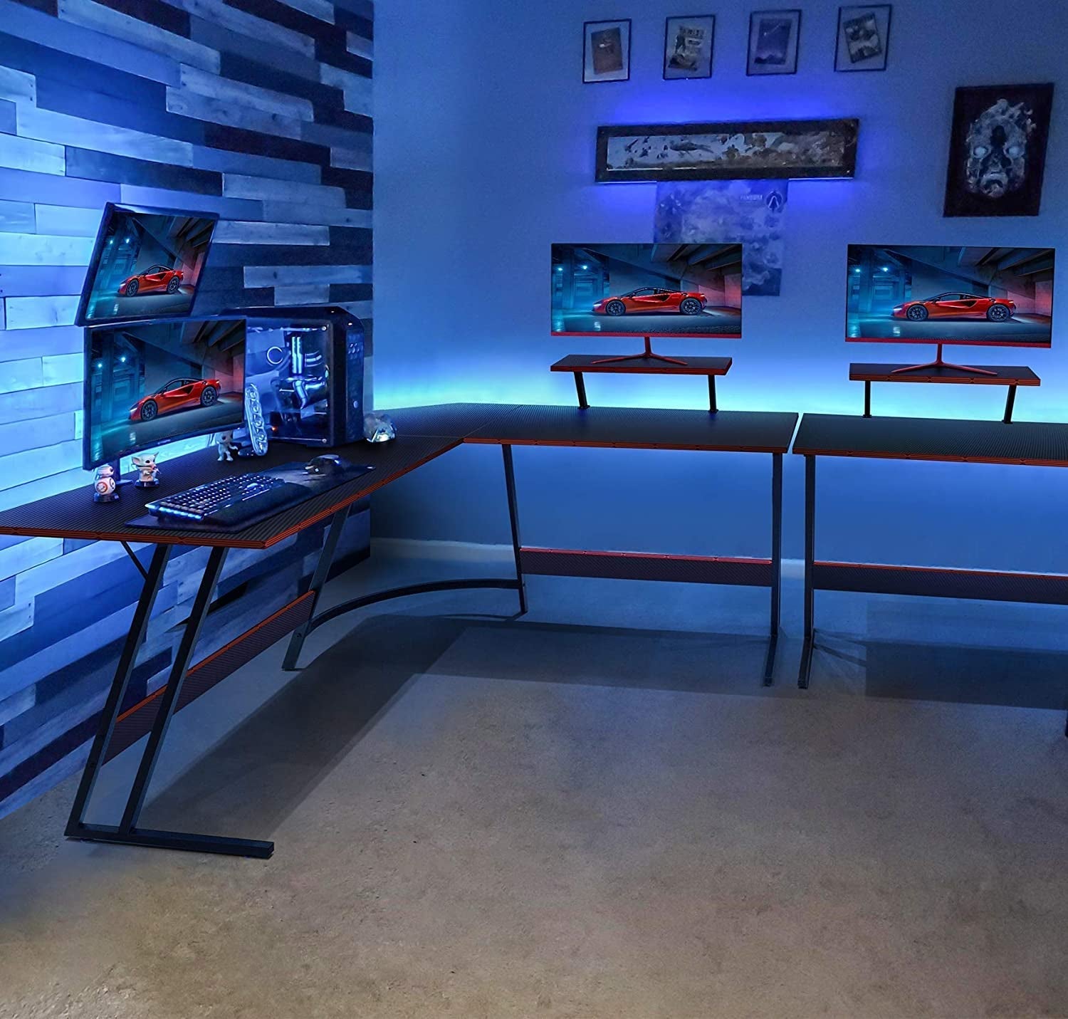 L shaped gaming desk with dual monitors and dynamic lighting, perfect for enhancing gaming setup in corner space.
