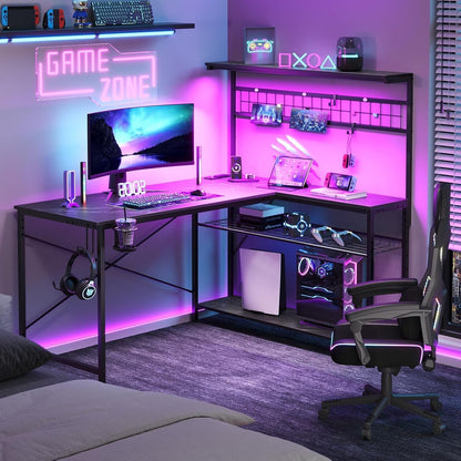 Gaming Desk 51" L-Shaped, with Power Outlets & LED Lights- 4 Tier