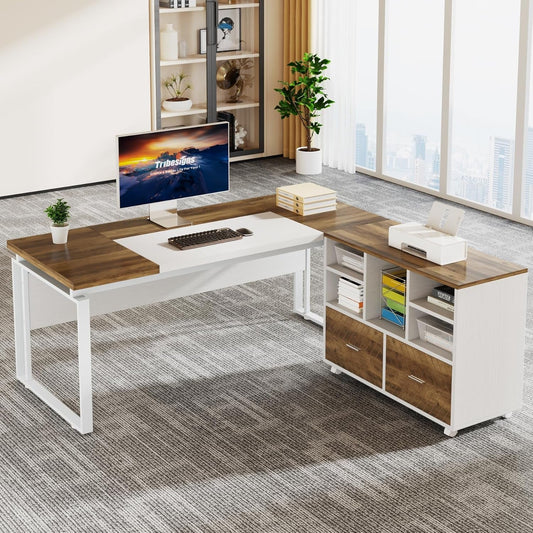 L-Shaped Executive Desk with Reversible File Cabinet, 63" Office Desk