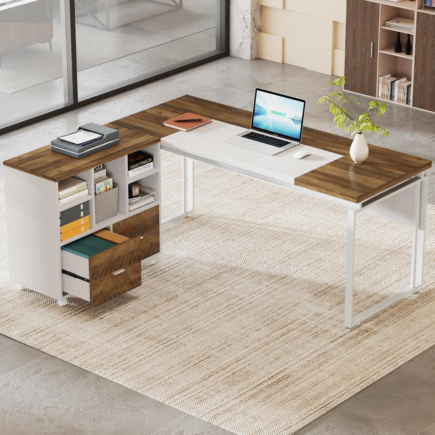 L-Shaped Executive Desk with Reversible File Cabinet, 63" Office Desk