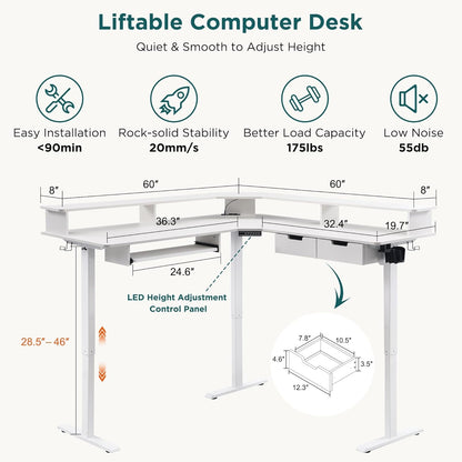 60 Inches L Shaped Electric Standing Desk, Height Adjustable Corner