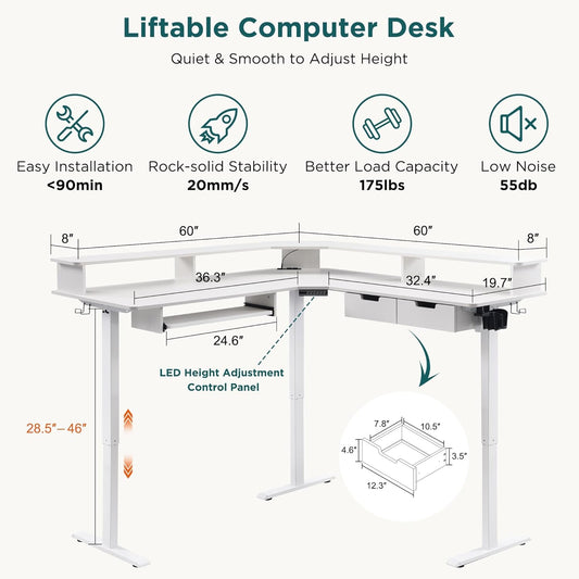 60 Inches L Shaped Electric Standing Desk, Height Adjustable Corner